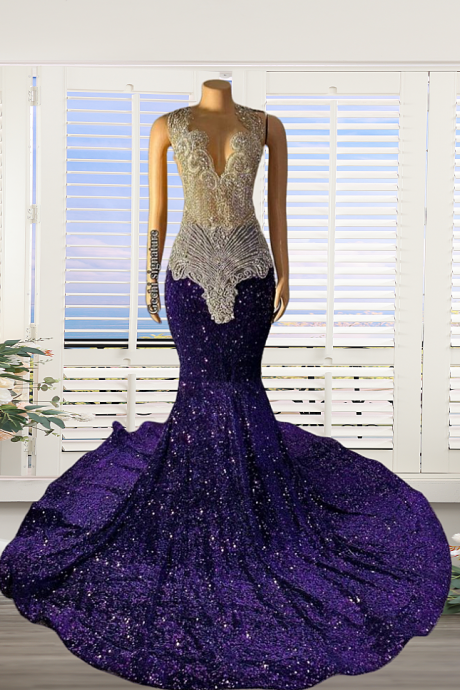 Purple Crystal Prom Dresses Long For Women 2025 Beaded Sequins Illusion Crew Neckline Formal Evening Gowns Mermaid Sparkly Sequins Party Dresses