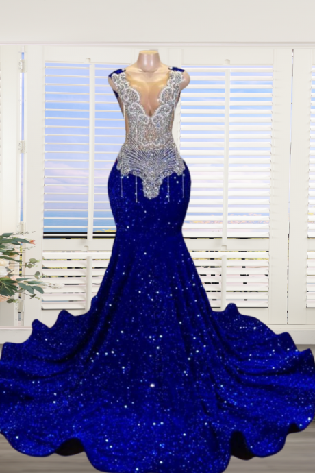 Royal Blue Crystal Prom Dresses Long For Women 2025 Mermaid Tassel Formal Evening Gowns Sparkly Sequins Tight Party Dresses For Girls