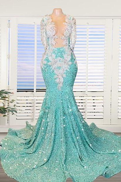 Aqua Blue Crystal Prom Dresses Long For Women 2025 Crew Neckline Lace Appliques Beading Sequins Formal Evening Gowns Tassel Sparkly Sequins