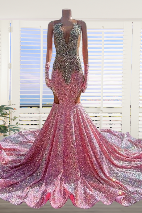 Pink Crystal Prom Dresses Long For Women 2024 Sheer Crew Neckline Beaded Sequins Mermaid Formal Evening Gowns Sparkly Sequins Formal Prom Dresses