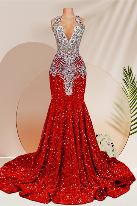 Sparkly Red Sequin Mermaid Prom Dresses 2024 Luxury Silver Crystal Beaded Sheer Neck Long Prom Gowns For Black Girls