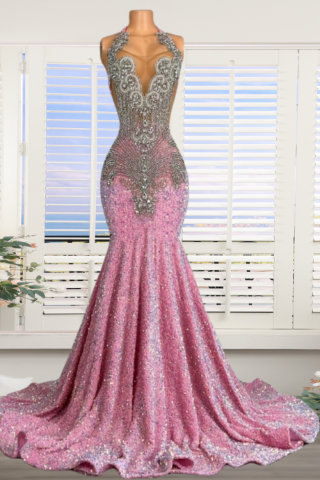 Sparkly Pink Sequin Mermaid Prom Dresses 2024 Luxury Silver Crystal Beaded Sheer Neck Long Prom Gowns For Black Girls