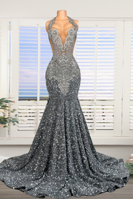 Sparkly Grey Sequin Mermaid Prom Dresses 2024 Luxury Silver Crystal Beaded Sheer Neck Long Prom Gowns For Black Girls