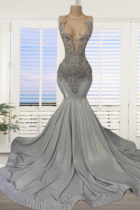 Luxury Rhinestone Prom Dresses Black Girls 2024 Halter Neck Mermaid Evening Gowns Long African Black Girls Sequin Party Dress