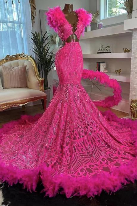 Pink Mermaid Sparkly Lace Prom Dresses Long For Women 2025 V Neck Feather Tight Formal Evening Party Dresses