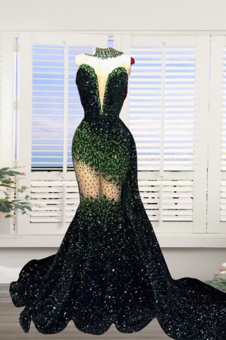 Dark Green Mermaid Prom Dresses Long For Women 2025 Sparkly Sequins High Neck Formal Evening Gowns Crystal Party Dresses
