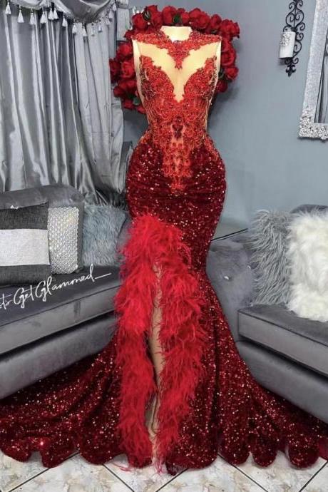 Red Sparkly Sequins Prom Dresses Long For Women 2025 Mermaid Feather Side Slit Formal Evening Gowns