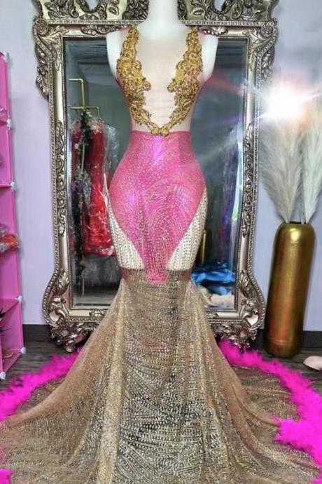 Pink Sparkly Sequins Prom Dresses Long For Women 2025 Mermaid Feather Illusion Formal Evening Gowns