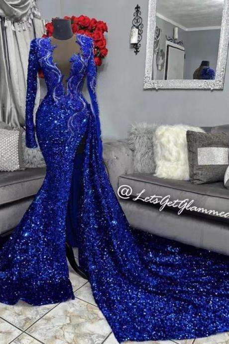 Royal Blue Long Sleeve Prom Dresses V Neck Sparkly Sequins Mermaid Lace Formal Evening Gowns Sparkly Sequins Side Slit Party Dresses