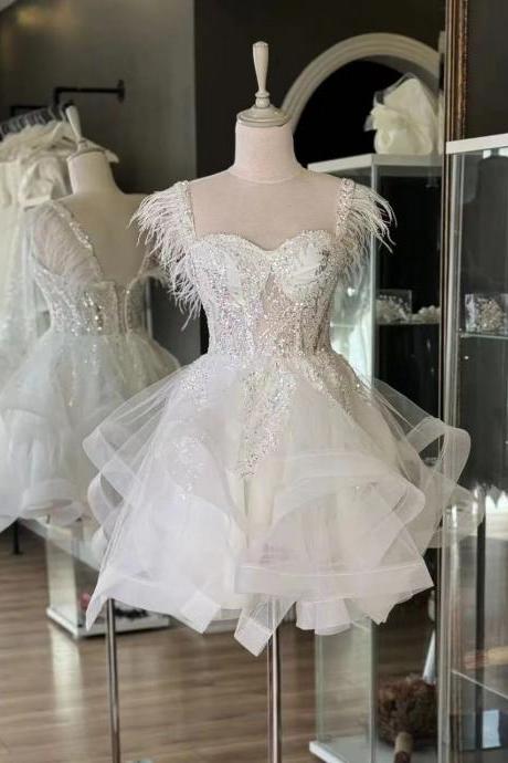 White Ruffle Short Prom Dresses Sweetheart Neckline Illusion Corset Short Homecoming Dresses Ruffle Tulle Ball Gown Cocktail Dresses Sparkly