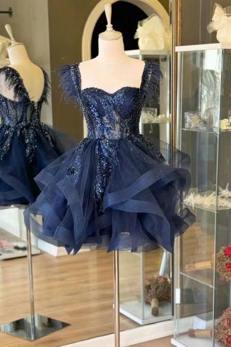 Navy Blue Ruffle Short Prom Dresses Sweetheart Neckline Illusion Corset Short Homecoming Dresses Ruffle Tulle Ball Gown Cocktail Dresses Sparkly