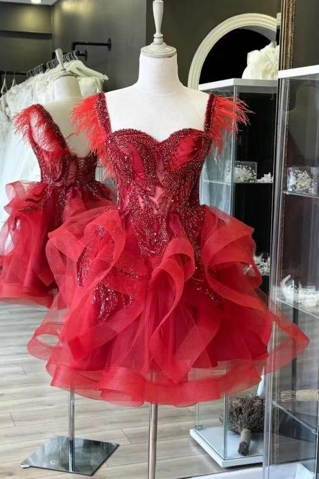 Red Ruffle Short Prom Dresses Sweetheart Neckline Illusion Corset Short Homecoming Dresses Ruffle Tulle Ball Gown Cocktail Dresses Sparkly