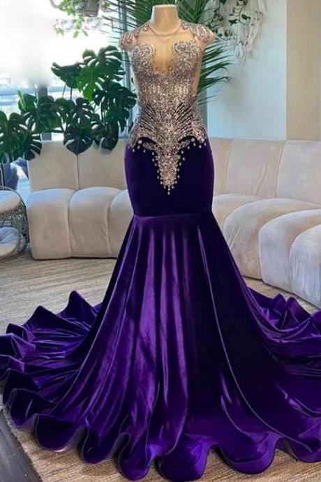 Purple Crystal Prom Dresses Long For Women 2025 Sparky Sequins Beading Mermaid Satin Formal Evening Gowns