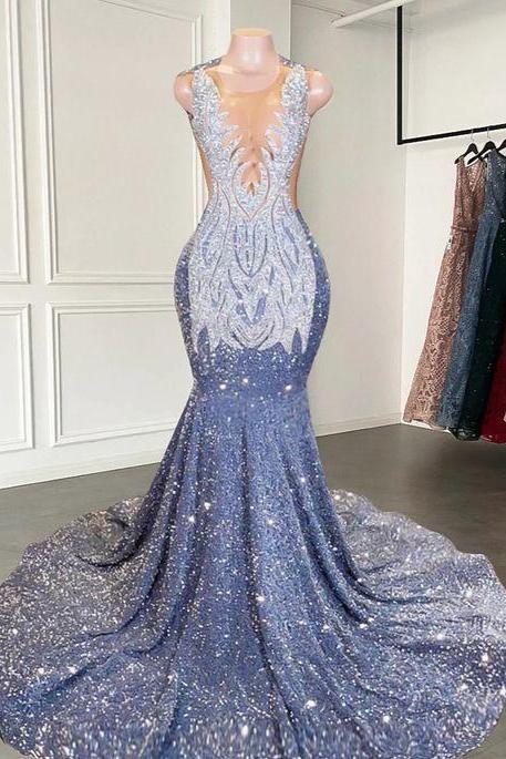 Sparkly Crystal Prom Dresses Mermaid Beading Sequins Mermaid Silver Formal Evening Gowns For Girls 2025