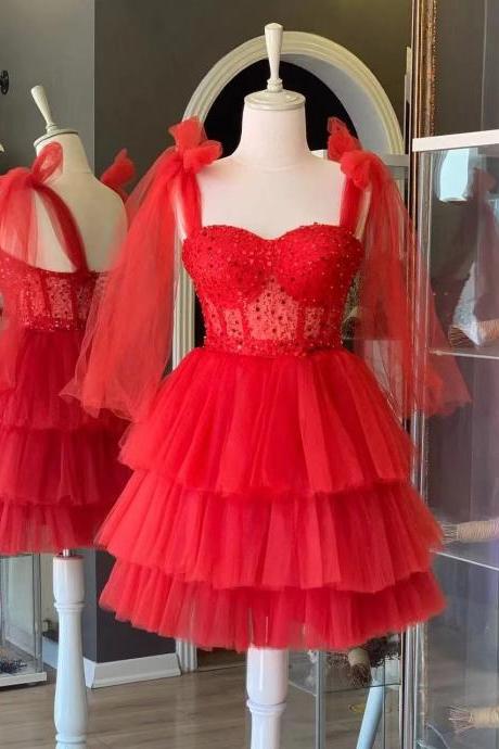 Red Short Prom Dresses Spaghetti Straps Bowknot Tiered Tulle Homecoming Dresses Short Graduation Dresses For Teens