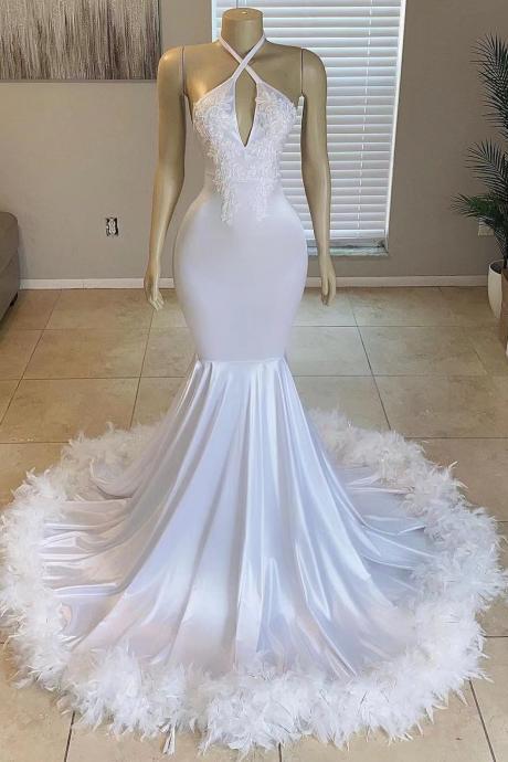 White Mermaid Wedding Dresses Court Train For Bride 2025 Halter Neckline Lace Appliques Feather Mermaid Bridal Dresses