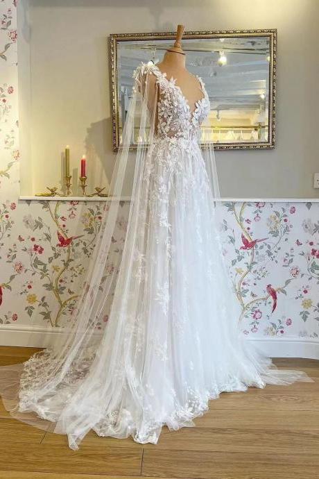 White V Neck Floral Lace Appliques Wedding Dresses For Bride 2025 Illusion Tulle Court Train Bridal Dresses Gowns