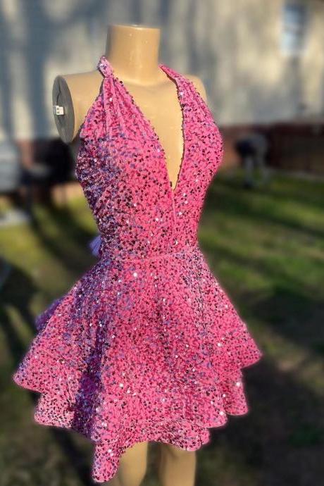 Pink Sparkly Sequins Short Homecoming Dresses Deep V Neck Ruffle Ball Gown Mini Graudation Dresses For Teens 2025 Short Prom Dresses