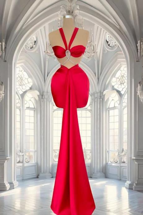 Red Satin Prom Dresses Halter Neckline Pleated Satin Sheath Formal Evening Gowns Short Graduation Dresses Crystal Pleated Formal Evening Gowns