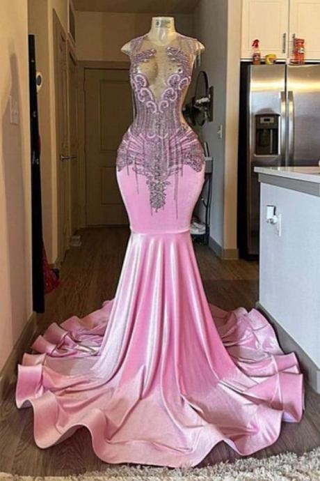 Gorgeous Mermaid Halter Light Pink Satin Beaded Long Prom Dress,Formal Evening Dress C6019