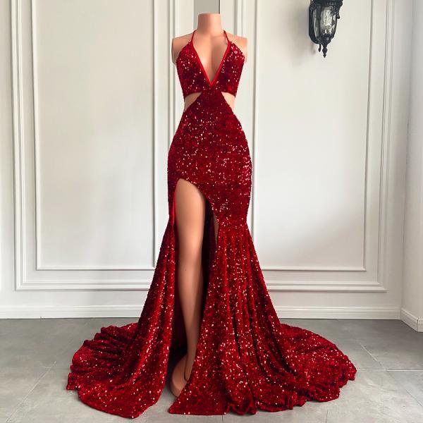 Long Sexy Prom Dresses 2023 Mermaid High Slit Halter Sparkly Red Sequin ...