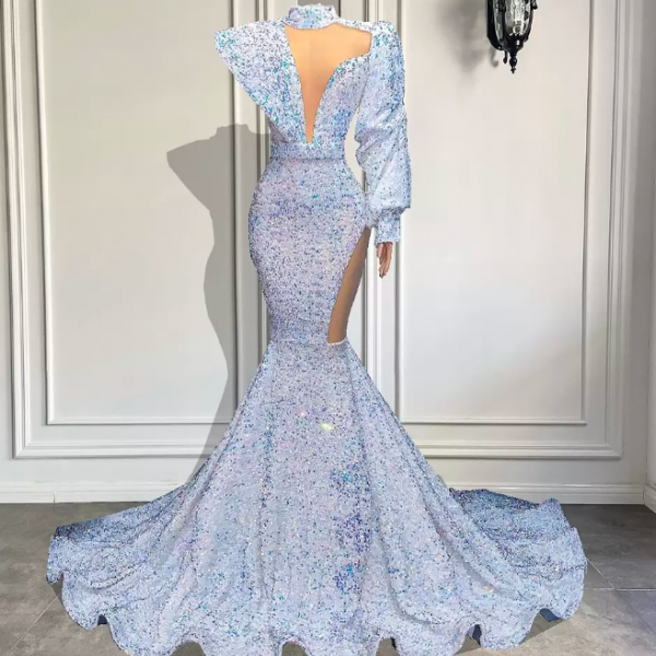 Sexy Illusion Neck Rhinestones Glitter Sequin Mermaid Dress Black main image 1