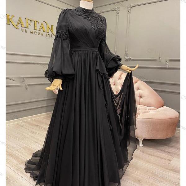 Black Evening Dresses Long Sleeves Beading Chiffon A-Line Formal Prom Party Gown 2023 High Neck abiye gece elbisesi