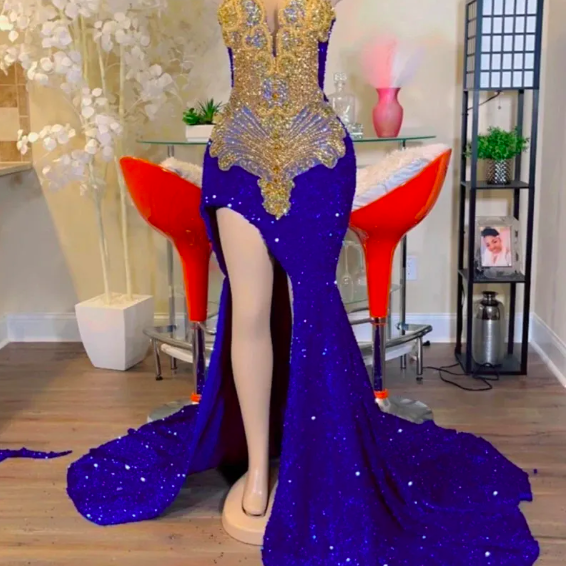Royal Blue Evening Gown Lace Appliques Illusion Mermaid Open Back Prom Dress main image 1