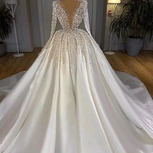 Satin Wedding Dresses Luxury 2023 Bride Ball Gown Pearls Beads Long ...