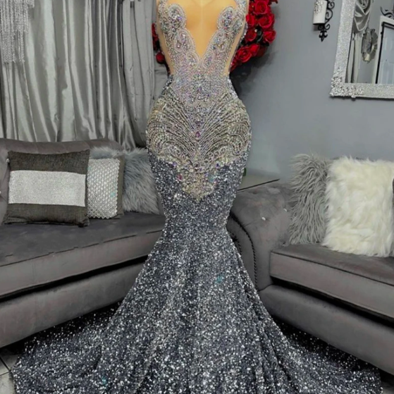 Sexy Sparkly Mermaid Prom Dress 2023 Crystal Rhinestone Sheer Neck Birthday Party Dress Wedding Gowns For Black Girl Robe De Bal