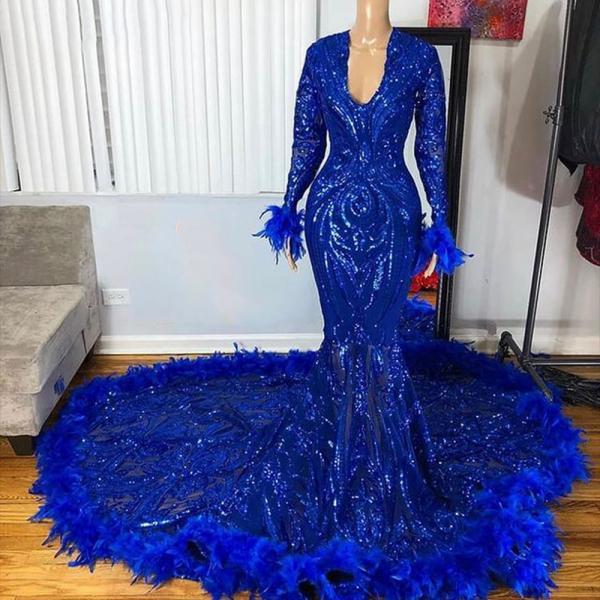 royal blue prom dresses, 2023 prom dresses, mermaid prom dresses, long sleeve prom dresses, custom make evening gowns, sexy formal dresses, royal blue evening dress, cheap party dresses, 2023 evening gowns, feather prom dresses