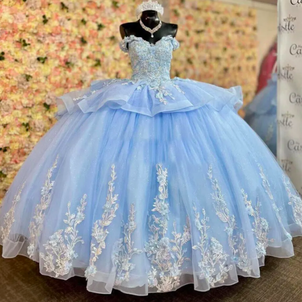 Luxury Blue Quinceanera Dresses 2023 With Lace Florals Beaded Para Xv Princess quinceaneras Birthday Party Dress Robes De Vestidos 15 anos Prom Wear Ball Gown