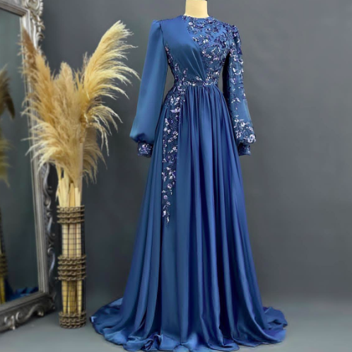slim fit dress slacks Modest Muslim Women's Embellished Elegant Draped Sleeve Evening Dress