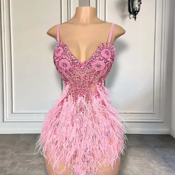 Sexy See Through Luxury Orange Diamond Women Formal Birthday Party Gowns Feather Black Girls Mini Short Prom Dresses main image 1
