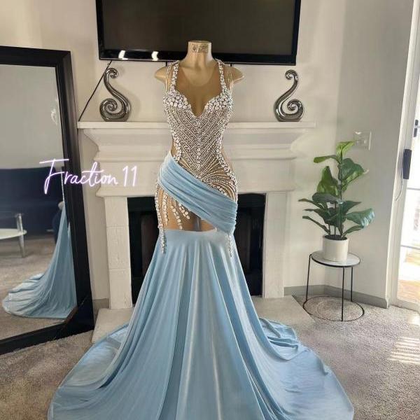 blue crystal prom dresses long for women 2024 illusion crew neckline beads mermaid evening gowns satin tight formal party dresses