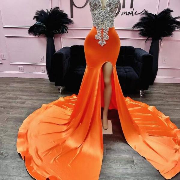 orange mermaid satin prom dresses long with slit for women 2024 illusion crew neckline tight formal evening dresses beaded crystal formal party dresses