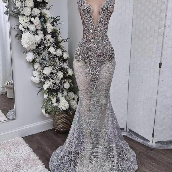 sparkly crystal prom dresses long for women 2024 mermaid illusion deep v neck zipper back formal evening dresses glitter formal party dresses