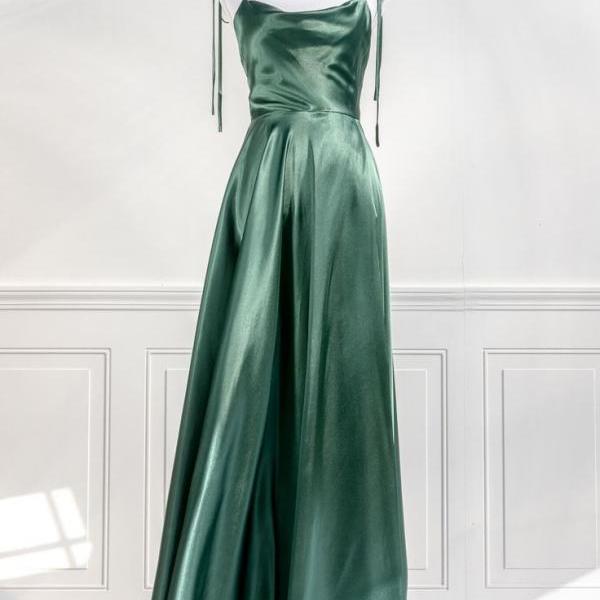 green tied spaghetti straps a line bridesmaid dresses long for women 2024 satin backless emerald green formal evening prom gowns wedding guest dresses