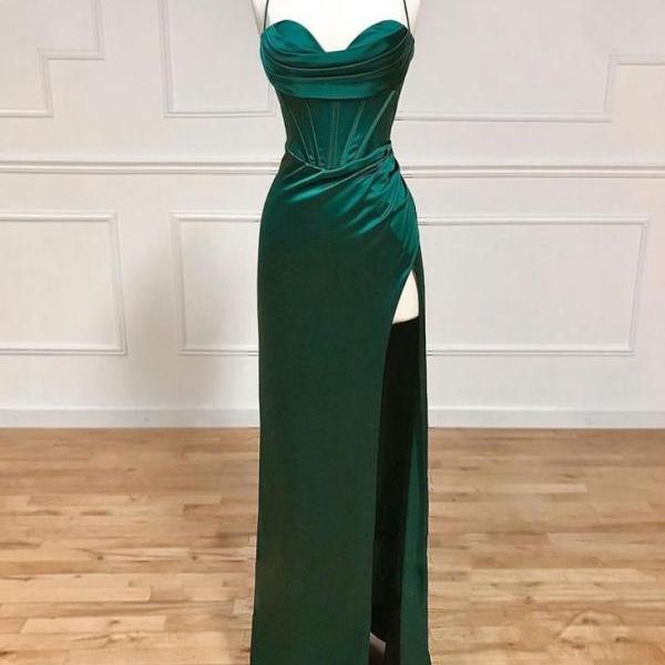 satin bridesmaid dresses long with slit for women 2024 spaghetti straps pleated lace up back formal evening prom gowns green maid of honor dresses spaghetti straps mermaid weding guest party gowns
