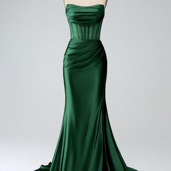 emerald green strapless pleated bridesmaid dresses long with slit for women 2024 long corset formal prom evening gowns for girls wedding guest dress