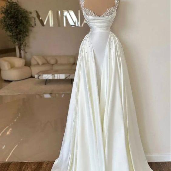 a line satin wedding dresses for bride 2024 sweetheart neckine pearls wedding gowns satin bridal dresses beaded