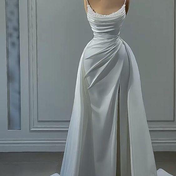 simple scoop neckline satin wedding dresses for bride 2024 pleated pearls pleated with detachable train wedding gowns for women beaded ruched wedding gowns