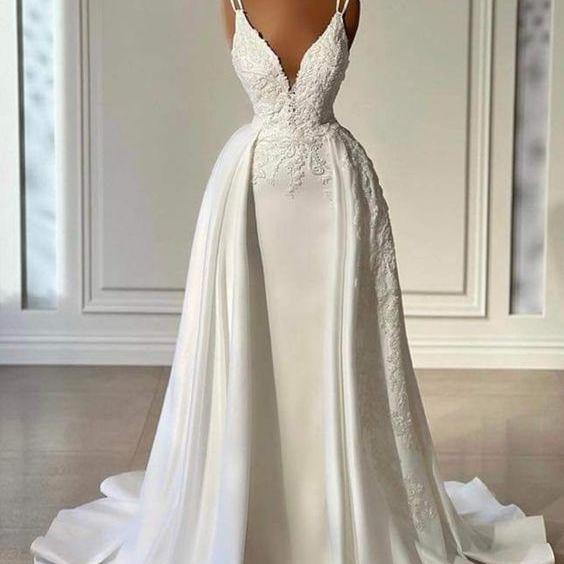spaghetti straps satin wedding dresses deep v neck lace appliques pearls bridal dresses detachable train wedding gowns white bridal gowns