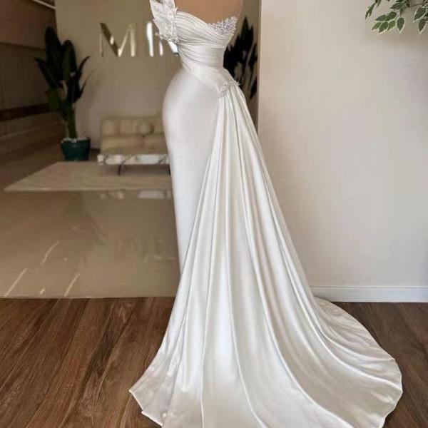 pleated pearls beaded satin wedding dresses, one shoulder wedding gowns, satin bridal dresses, beaded wedding gowns, 2025 ruched bridal dress, 2024 weddin gowns with train, 2025 bridal gowns with train