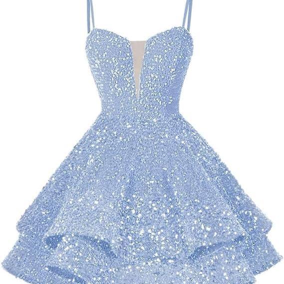 light blue sequins short homecoming dresses spaghetti straps sparkly sequins ball gowns mini cockail dresses sweetheart neckline graduation dresses prom gowns for girls