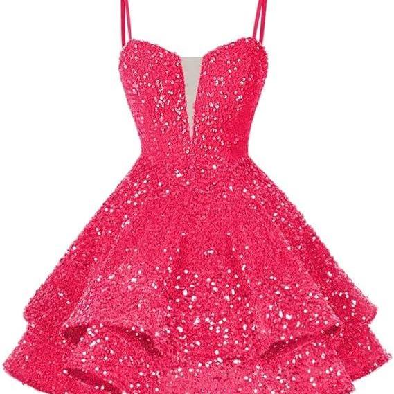hot pink sequins short homecoming dresses spaghetti straps sparkly sequins ball gowns mini cockail dresses sweetheart neckline graduation dresses prom gowns for girls