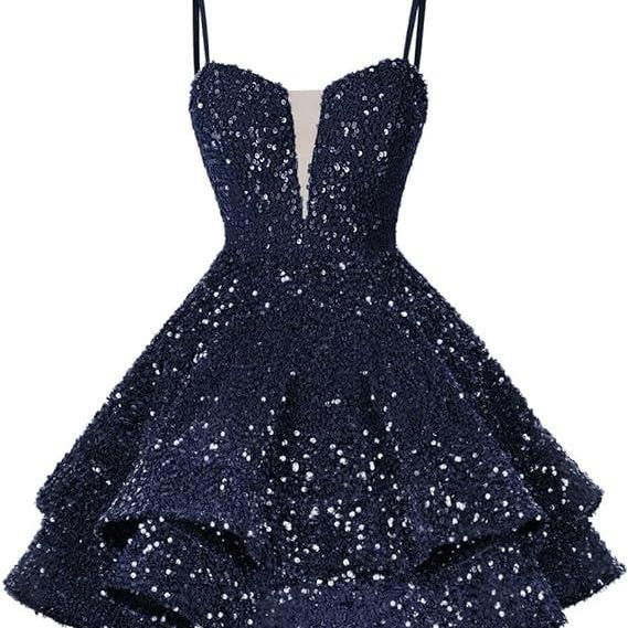black sequins short homecoming dresses spaghetti straps sparkly sequins ball gowns mini cockail dresses sweetheart neckline graduation dresses prom gowns for girls
