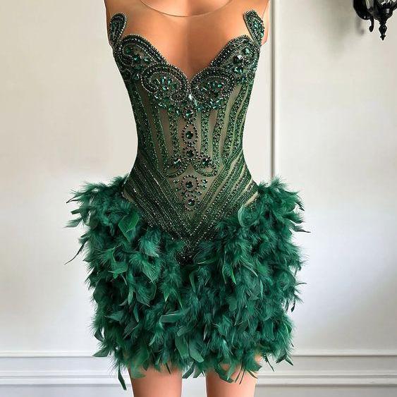 short crystal prom dresses for women 2024 crystal beaded short homecoming dresses for teens feather crystal mini graduation dresses for girls 2025 emerald green formalevening gowns