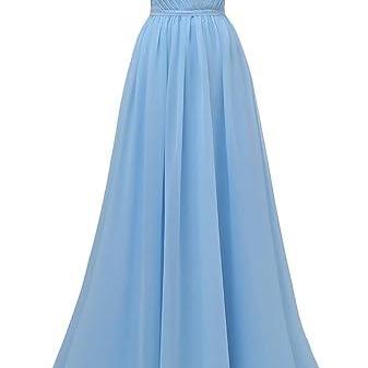 Sky Blue Ruffle Sleeves Bridesmaid Dresses V-Neck Chiffon Long Formal Wedding Evening Party Gowns for Women