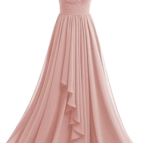 Dusty Pink Women‘s V-Neck Bridesmaid Dresses with Slit Long Pleated Chiffon A-Line Formal Party Dresses with Pockets 2025